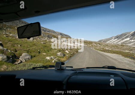 Driving on the old road 258 over Strynefjellet, Norway. Stock Photo
