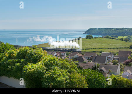 Steam train on the Paignton to Dartmouth Steam Railway passes Broadsands and residential houses with Tor Bay in the background Stock Photo