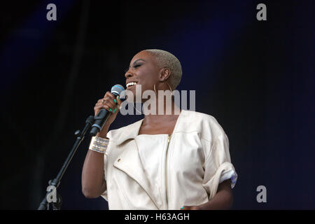 Laura Mvula performing with her band on the main stage at the On Blackheath Music Festival 2015. Stock Photo