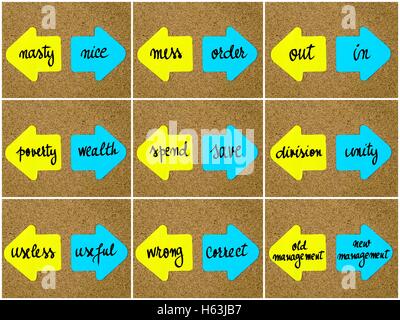 Photo collage of antonym concepts written on yellow and blue paper notes, opposite arrows pinned on cork board with thumbtacks. Choice conceptual image Stock Photo