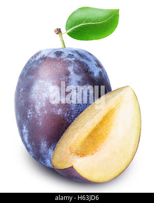 Ripe plum with leaf isolated on white background clipping path Stock Photo