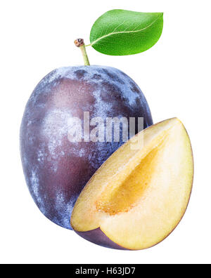 Ripe plum with leaf isolated on white background clipping path Stock Photo