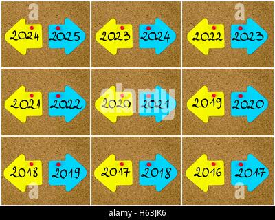 Photo collage of antonym concepts of new year versus old year written on yellow and blue paper notes, opposite arrows pinned on cork board with thumbtacks. Choice conceptual image Stock Photo