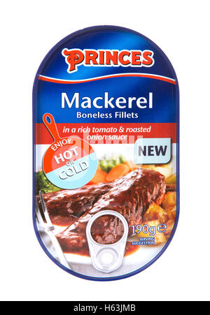 Tin of Princes Mackerel fillets in a rich Tomato and Roasted Onion Sauce on a white background Stock Photo