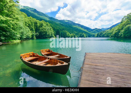 Pier and boats in Lake Biograd (Biogradsko jezero), Biogradska Gora national park, Montenegro Stock Photo