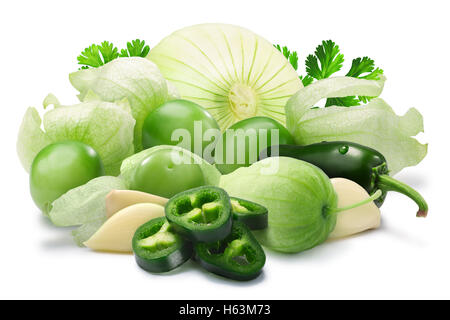 Tomatillos, jalapenos, garlic and onion with coriander. Ingredients for Mexican salsa verde sauce. Clipping paths, shadows separ Stock Photo