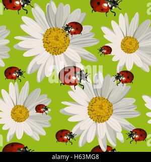 Seamless pattern with daisy flowers and ladybugs. Stock Vector