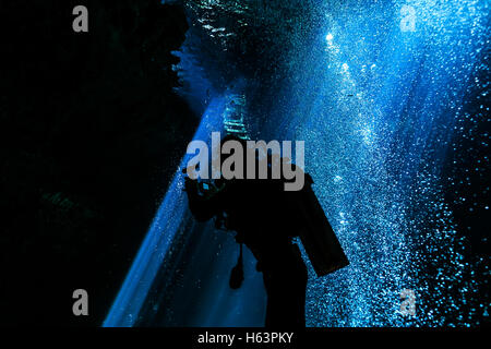 Diver explores a cenote cave with stunning stalactites, clear turquoise waters, and dramatic light rays. Captures the mystery of underwater cave Stock Photo