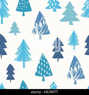 Seamless repeating pattern with textured Christmas trees in different shades of blue on white background. Stock Vector