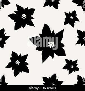 Seamless repeating pattern with poinsettias blossoms in black on cream background. Tiling festive background, wrapping paper. Stock Vector