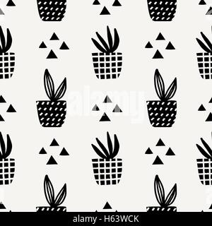Seamless repeating pattern with triangle shapes and succulent plant pots in black on cream background. Stock Vector