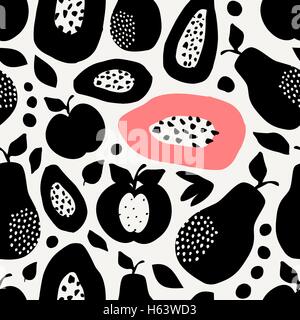 Seamless repeating pattern with apples, pears and papaya in black and coral pink on cream background. Stock Vector