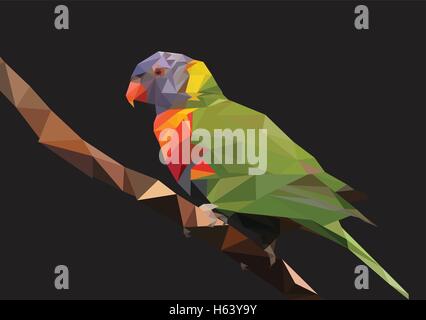 Abstract Low Poly Parrot, Rainbow lorikeet on Branch - Vector Illustration Stock Vector