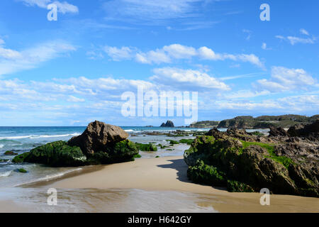 Surf Beach with Glasshouse Rocks in the distance, Narooma, South Coast, New South Wales, NSW, Australia Stock Photo