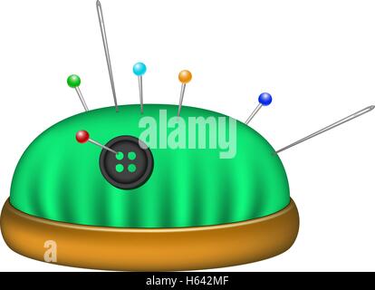Pincushion in green design with needles and pins Stock Vector