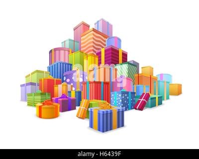 Big mountain of wrapped gift boxes. Many presents isolated on white Stock Vector