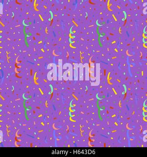 Colorful serpentine and confetti, flat seamless pattern on purple background Stock Vector