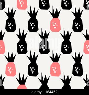 Seamless repeating pattern with pineapples in black and pink on cream background. Modern textile, greeting card, poster, wrap. Stock Vector