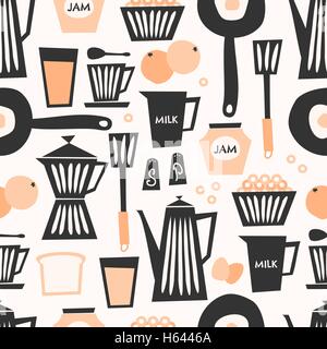 Mid-century style seamless repeating pattern with breakfast items in black, pastel orange and cream on taupe background. Stock Vector