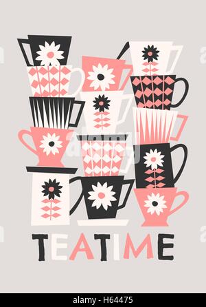 Mid-century style illustration of stacked coffee cups in black, pastel pink and cream on taupe background. Stylish and modern gr Stock Vector