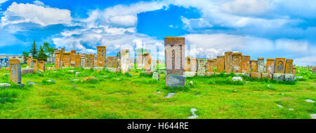 Panorama of Noratus Cemetery with many preserved khachkars, covered with complex carved patterns, Gegharkunik Province, Armenia. Stock Photo