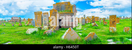 A large area of Noratus Cemetery, covered with stone khachkars, boasting amazing carved patterns, Gegharkunik Province, Armenia Stock Photo