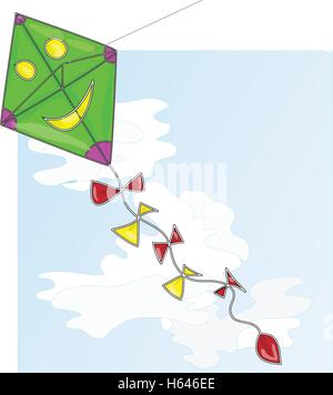 Kite. Vector illustration of colorful kite and clouds in the sky. Stock Vector