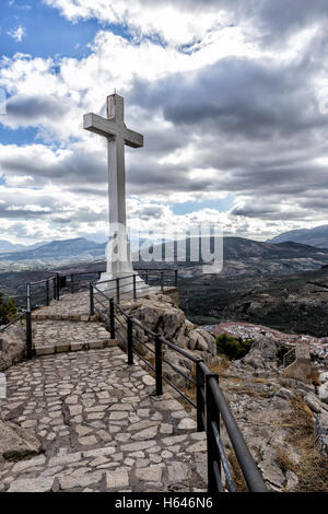 Landmark of walkway towards great crucifix in Santa Catalina or St Catherine mountain, public monument and lookout balcony over Stock Photo