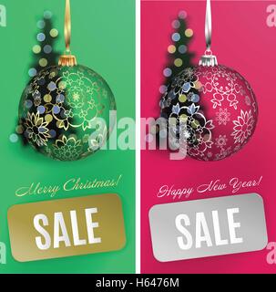 Vector Christmas card set sale background with ball, stripe, blurred  tree.  EPS10 Stock Vector