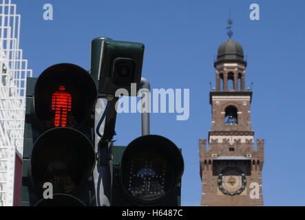 pedestrian street light with camera for traffic control in Milan, Italy Stock Photo