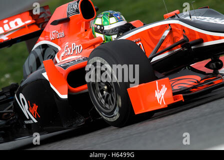 Motorsports, Lucas di Grassi, Brazil, in the Virgin VR-01 race car, Formula 1 testing at the Circuit de Catalunya race track in Stock Photo