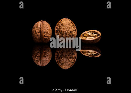 Two whole and one halved walnuts isolated on black reflective background Stock Photo