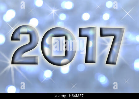 2017 greeting card on blue shiny holiday lights background Stock Photo