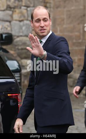 The Duke of Cambridge, known as the Earl of Strathearn in Scotland, leaves the Argyll and Sutherland Highlanders Regimental Museum at Stirling Castle after a visit. Stock Photo