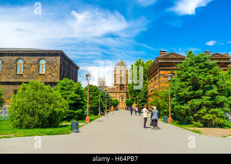 The street in Mother See of Holy Etchmiadzin Complex with the view on the Cathedral, Vagharshapat, Armenia Stock Photo