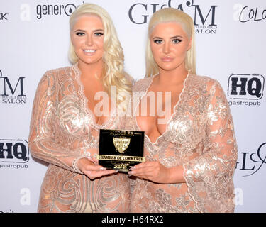 Karissa Shannon and Kristina Shannon arrives at the GLAM Beverly Hills Salon Grand Opening celebration and Ribbon Cutting ceremony in Bevrly Hills California on November 19, 2015. Stock Photo