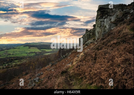 Beautiful sunset over Curbar Edge in Peak District National Park Stock Photo