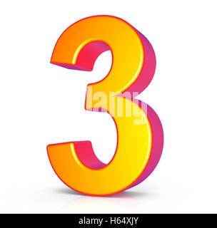 3d rendering golden number 3 isolated on white background, 3d illustration, right leaning Stock Photo