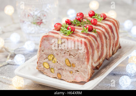Delicious terrine with ground meat, ham and pistachios Stock Photo