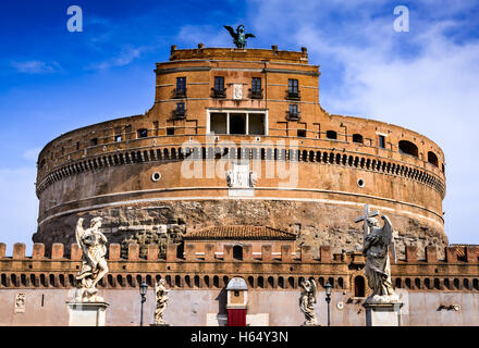 Rome, Italy. Castle Sant Angelo twilight, built by Hadrian emperor as mausoleum in 123AD ancient Roman Empire landmark.