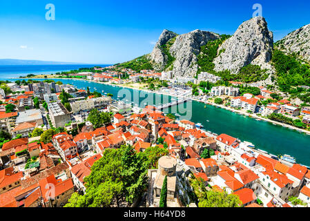 Omis, Croatia. Dalmatia Coast panorama with emerald-green Cetina River, Croatian travel landmark at Adriatic Sea. Stock Photo