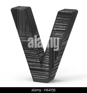 right leaning 3d rendering black wooden letter V isolated white background Stock Photo