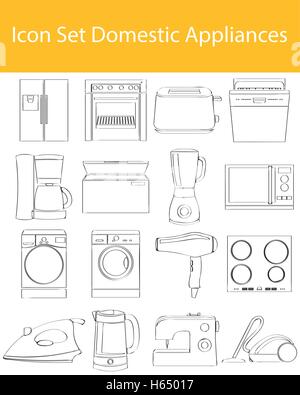 Drawn Doodle Lined Icon Set Domestic Appliances I with 16 icons for the creative use in graphic design Stock Vector