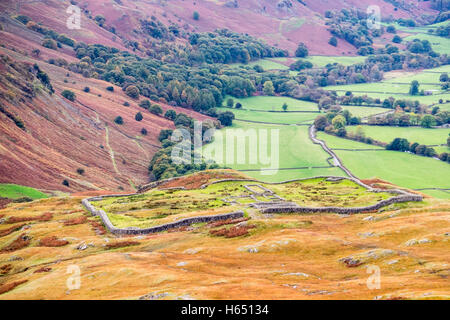 Roman Fort and Eskdale in the western Lake District National Park, Cumbria, from Hardknott Pass Stock Photo