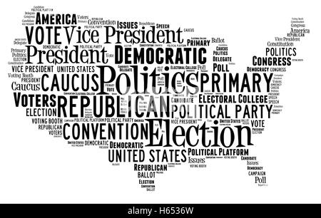Word Cloud in the shape of the United States showing words dealing with elections Stock Photo