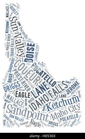 Word Cloud showing various cities in the state of Idaho Stock Photo