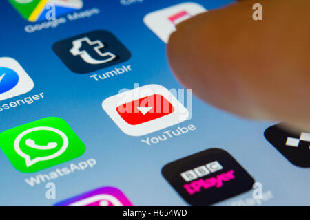 Youtube movie sharing and streaming app close up on iPhone smart phone screen Stock Photo
