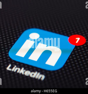 LinkedIn business networking app close up on iPhone smart phone screen Stock Photo