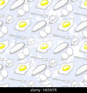 Pattern With Scrambled Eggs And SalT On A Blue Grunge Background Stock Vector