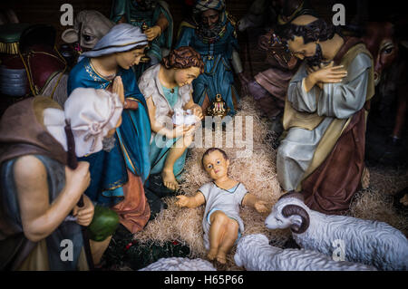 Public nativity scene with baby Jesus Stock Photo